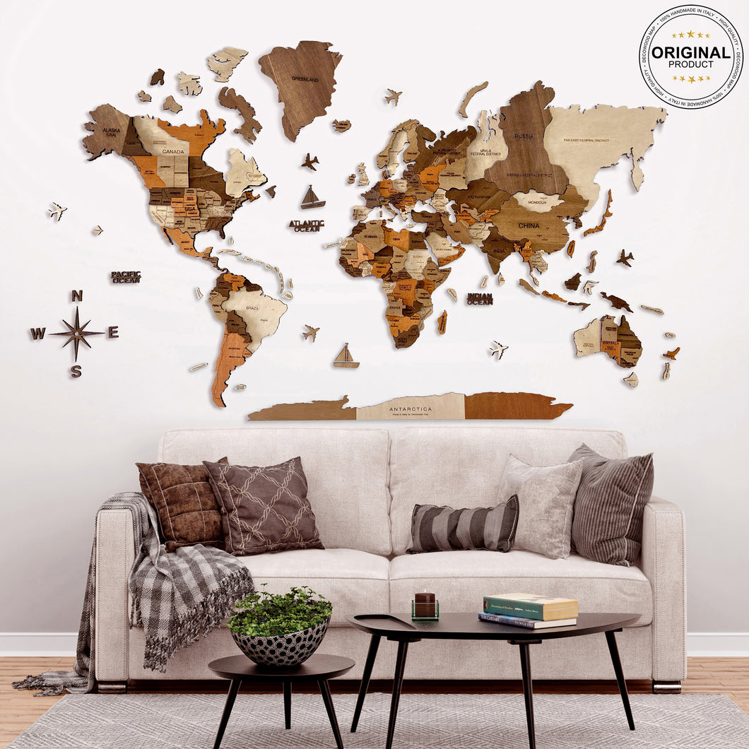 3D Wooden World Map Cappuccino