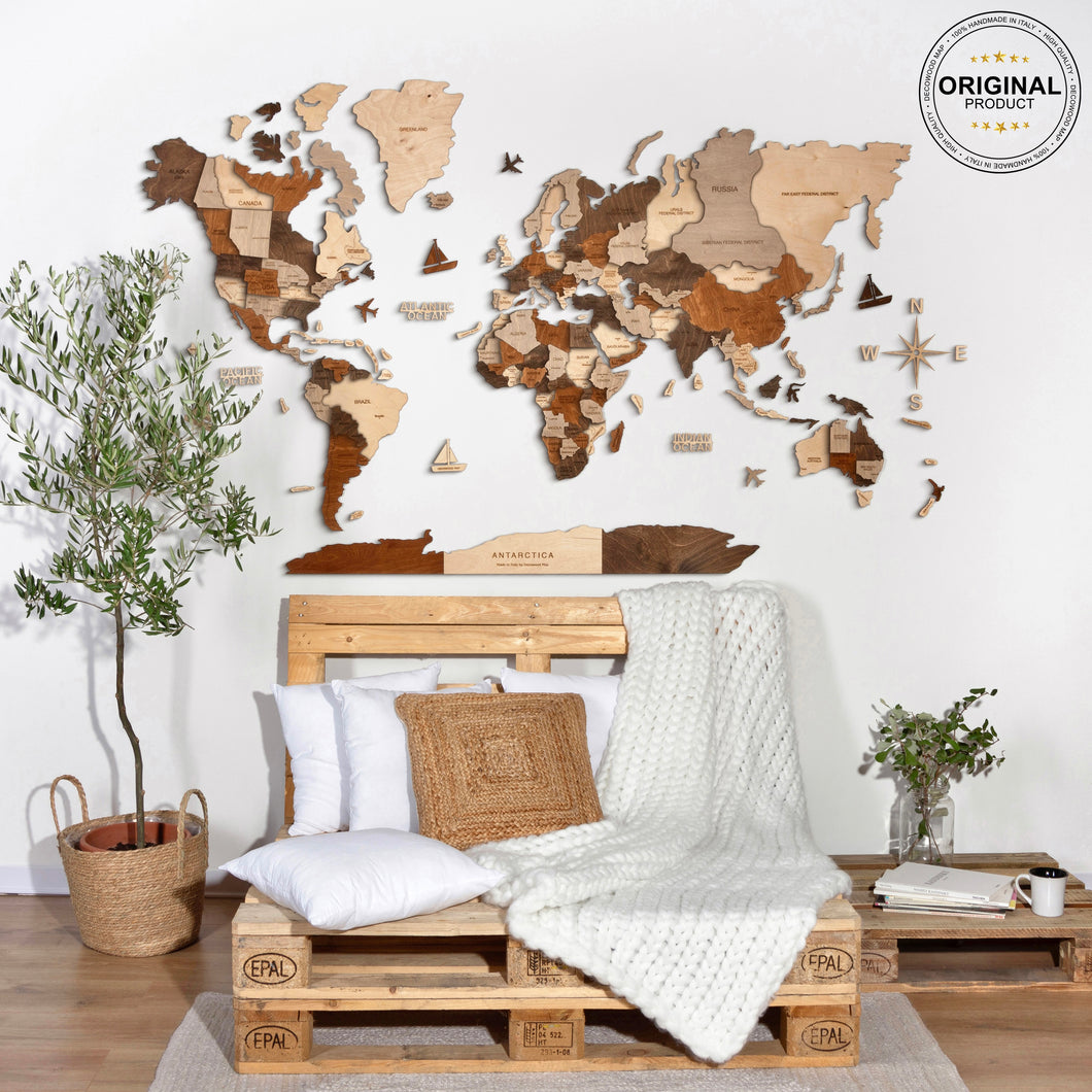 3D Wooden World Map Multicolor Grey