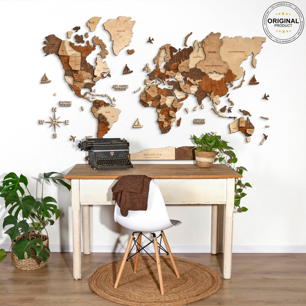 3D Wooden World Map Multicolor Walnut