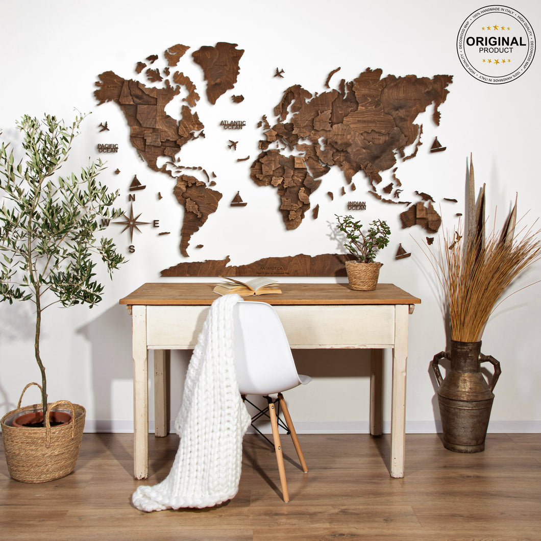 3D Wooden World Map Dark Walnut