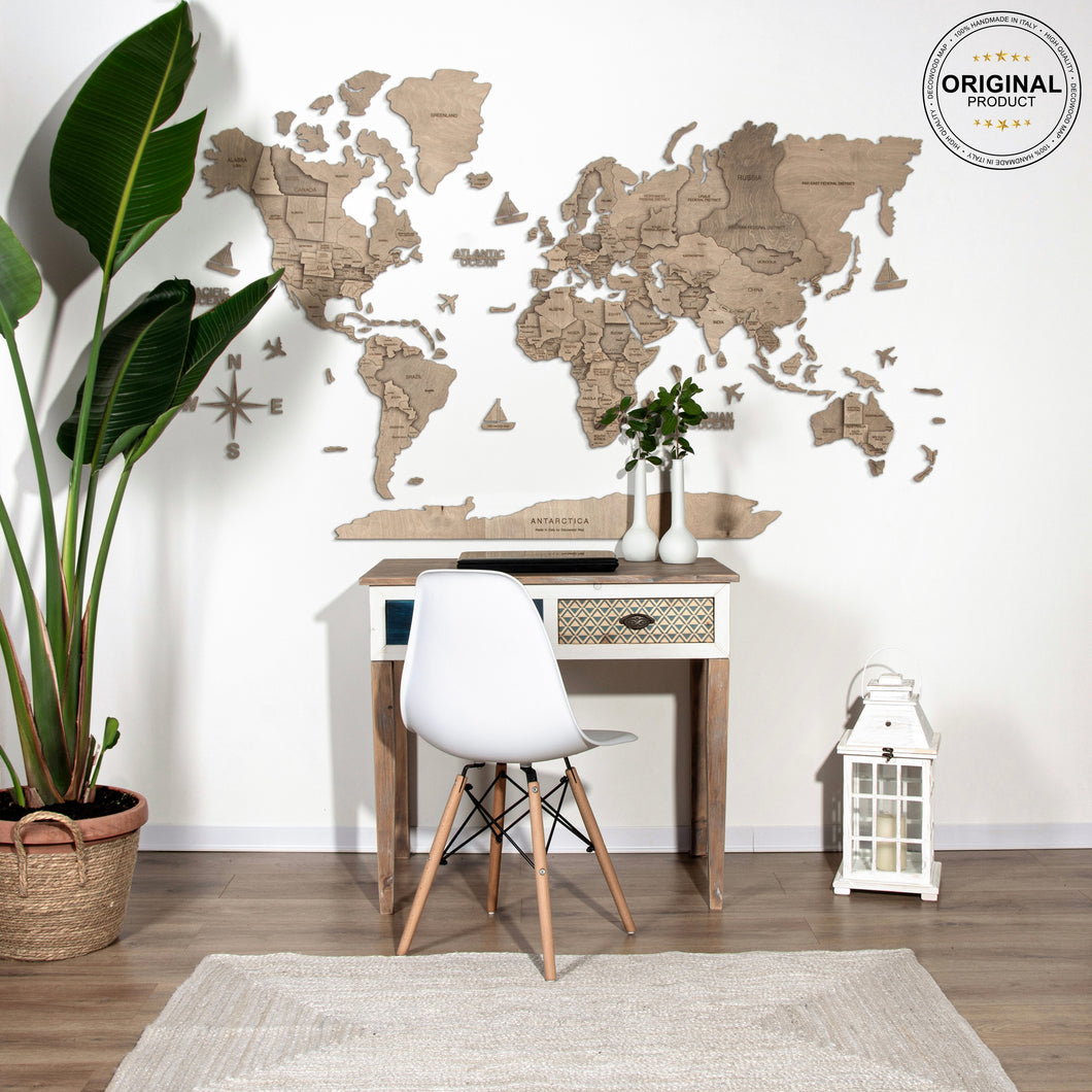 3D Wooden World Map Grey