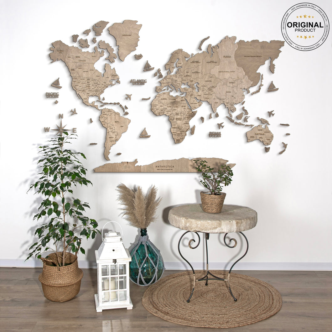 2D Wooden World Map Grey