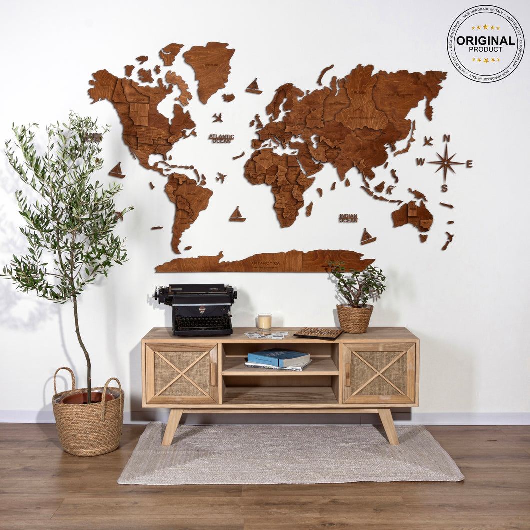 3D Wooden World Map Mahogany