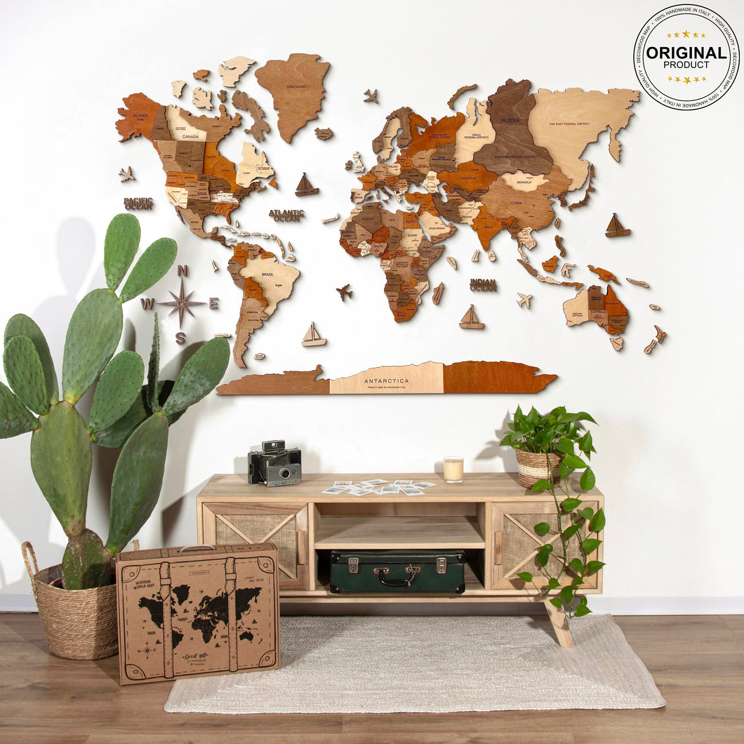 3D Wooden World Map Vintage