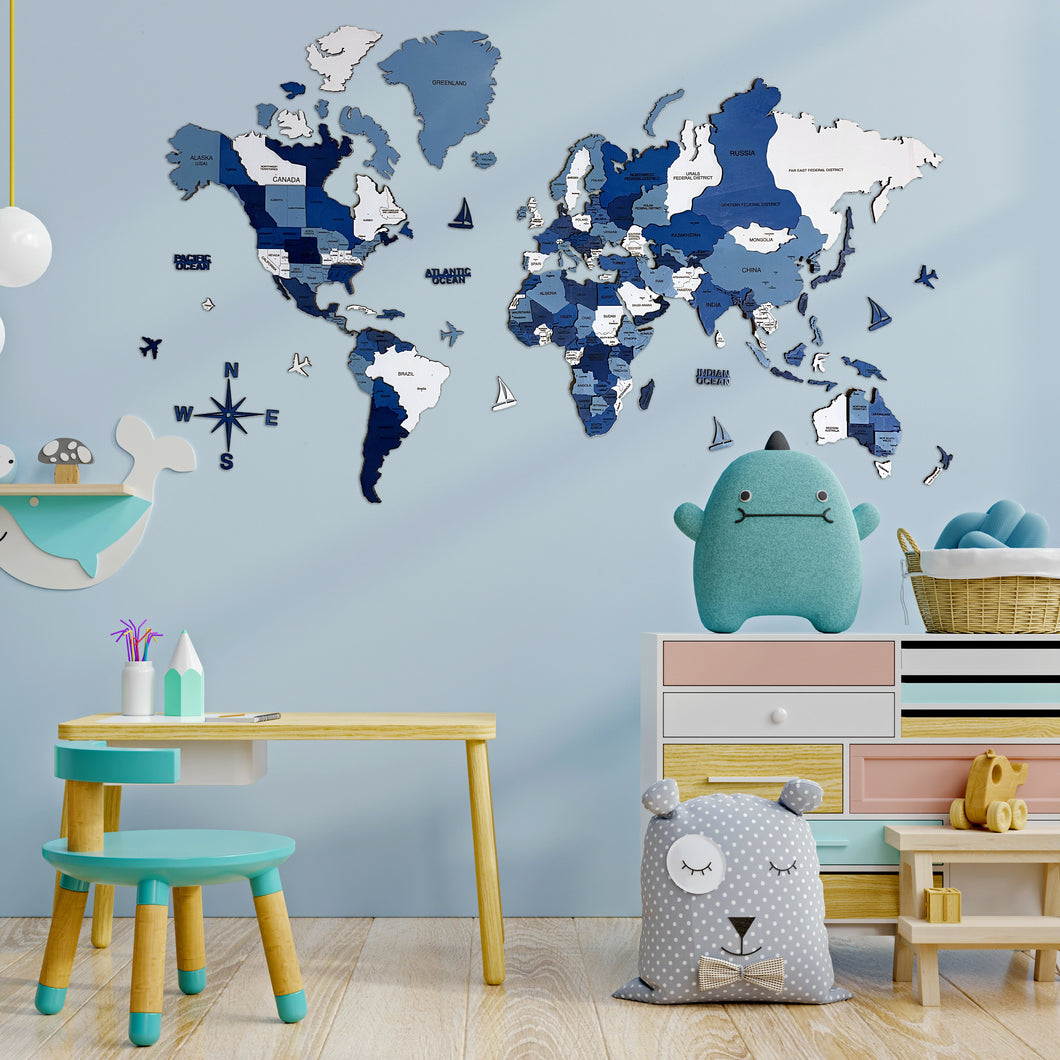 3D WORLD MAP MULTICOLOR - BLUE